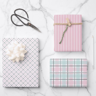 Pastel Pattern of Pink, Mint, Gray Plaid & Stripes Wrapping Paper Sheets
