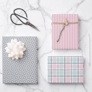 Pastel Pattern of Pink, Mint, Gray Plaid & Stripes Wrapping Paper Sheets