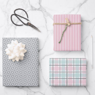 Pastel Pattern of Pink, Mint, Gray Plaid & Stripes Wrapping Paper Sheets