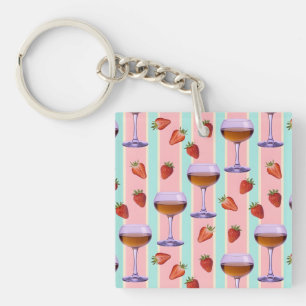 Pastel Pattern with Wine Glasses and Strawbefries Keychain