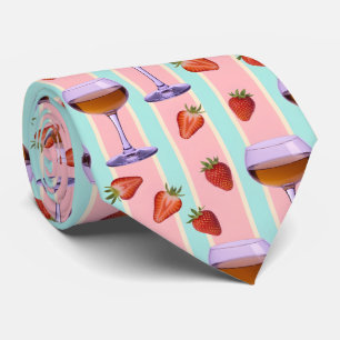 Pastel Pattern with Wine Glasses and Strawbefries Neck Tie