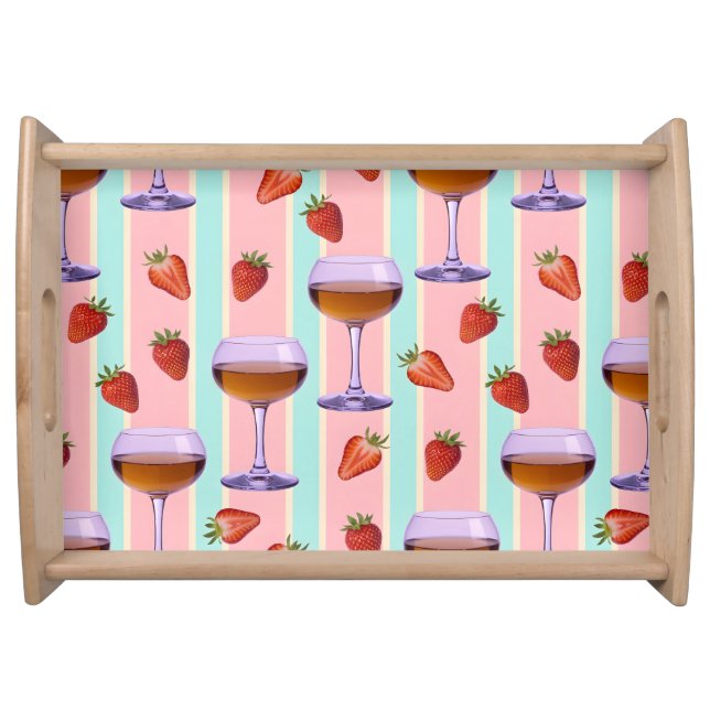 Pastel Pattern with Wine Glasses and Strawbefries Serving Tray (Front)