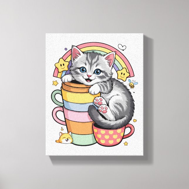 Pastel Paws & Rainbow Sips Canvas Print (Front)