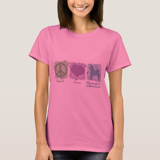 Pastel Peace, Love, and Norwegian Elkhounds T-Shirt (Front)