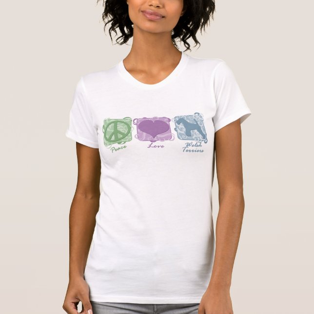Pastel Peace, Love, and Welsh Terriers T-Shirt (Front)