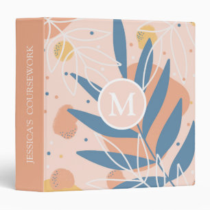 Pastel Peach and Blue Modern Botanical Monogram 3 Ring Binder