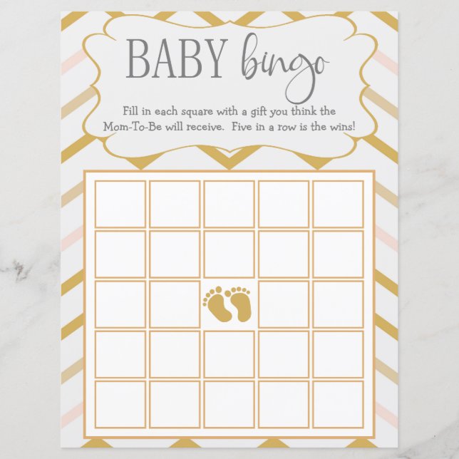 Pastel Peach and Gold Zig Zag Baby Bingo (Front)