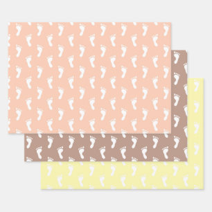 PASTEL PEACH BROWN YELLOW ROWS OF BABY FEET WRAPPING PAPER SHEETS