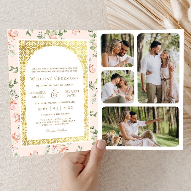 Pastel Peach Floral All in One Gold Indian Wedding Invitation (Creator Uploaded)