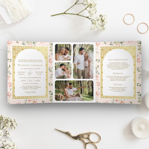 Pastel Peach Floral All in One Gold Indian Wedding Tri_Fold Invitation