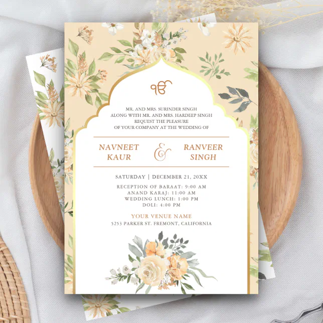 Pastel Peach Floral Anand Karaj Sikh Wedding Invitation | Zazzle