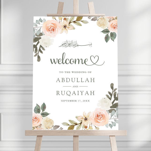 Pastel Peach Floral Muslim Wedding Welcome Sign (Creator Uploaded)