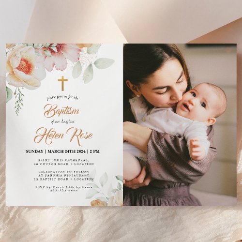 Pastel Peach Floral Watercolor Baptism Invitation