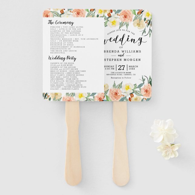 Pastel-peach Flowers Border Hand Fan (Front and Back)