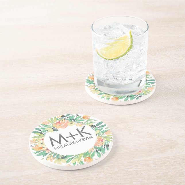 Pastel Peach Flowers Wreath Wedding Design Sandstone Coaster (Side)