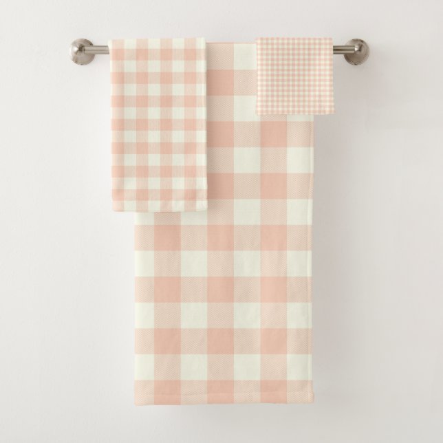 Pastel Peach Gingham Buffalo Check Plaid Pattern   Bath Towel Set (Insitu)