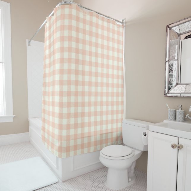 Pastel Peach Gingham Buffalo Check Plaid Pattern   Shower Curtain (In Situ)