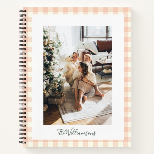 Pastel Peach Gingham Check Plaid Photo Name Notebook