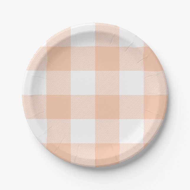 Pastel Peach Gingham Plaid Pattern Paper Plates (Front)
