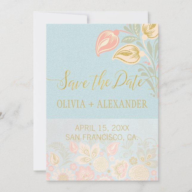 Pastel Peach Gold Floral Spring Light Blue Wedding Save The Date (Front)