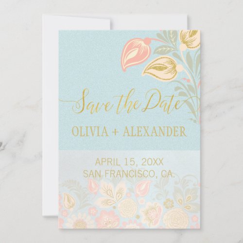 Pastel Peach Gold Floral Spring Light Blue Wedding Save The Date