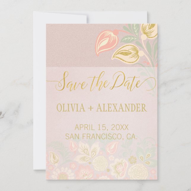 Pastel Peach Gold Floral Spring Pink Blush Wedding Save The Date (Front)