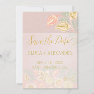 Pastel Peach Gold Floral Spring Pink Blush Wedding Save The Date