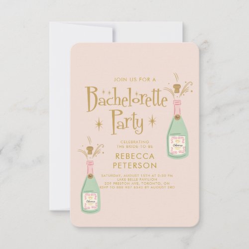 Pastel Peach Golden Champagne Bachelorette Party  Invitation