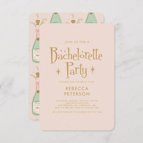 Pastel Peach Golden Champagne Bachelorette Party  Invitation
