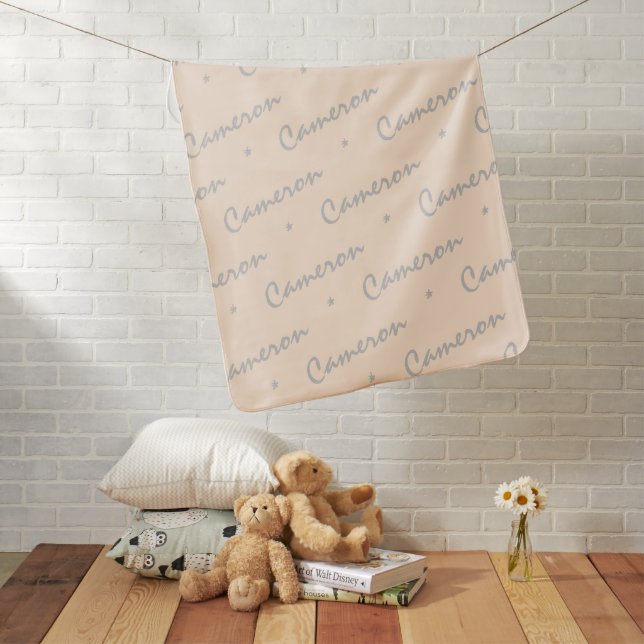 Pastel Peach Gray Personalized Repeating Names Baby Blanket (In Situ)