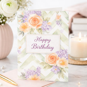 Pastel Peach Lavender Floral Sage Chevron Birthday Card