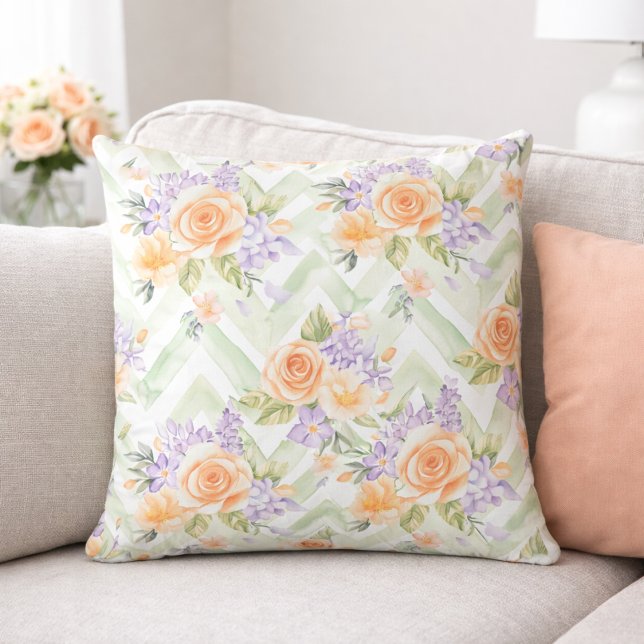 Pastel Peach Lavender Floral Sage Chevron Pillow (Creator Uploaded)