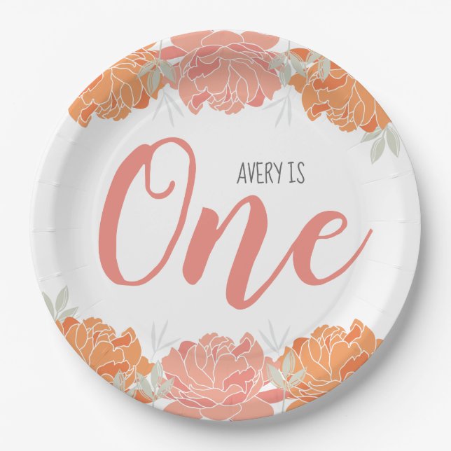 Pastel Peach & Orange Floral Baby's 1st Birthday Paper Plates (Front)