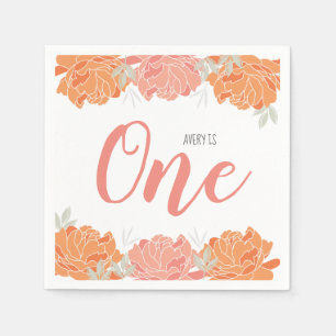 Pastel Peach & Orange Peonies Baby's 1st Birthday Napkins