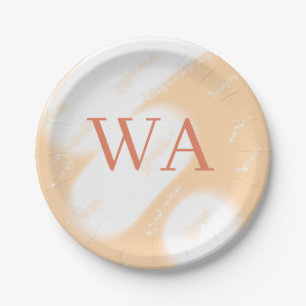 Pastel peach orange white monogram retro bold name paper plates