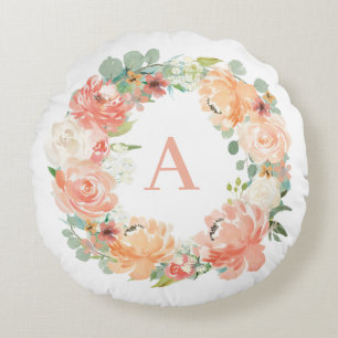 Pastel Peach Peonies Eucalyptus Wreath Monogram Round Pillow