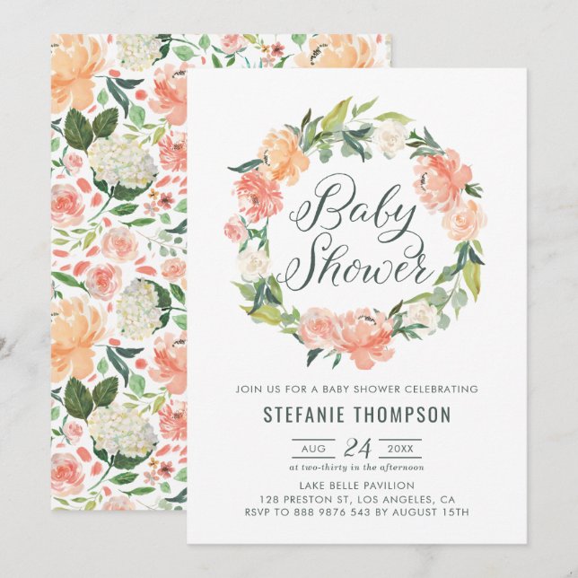 Pastel Peach Peonies Floral Wreath Baby Shower Invitation (Front/Back)