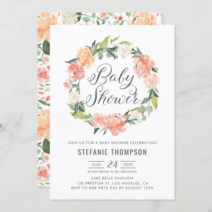 Pastel Peach Peonies Floral Wreath Baby Shower Invitation | Zazzle