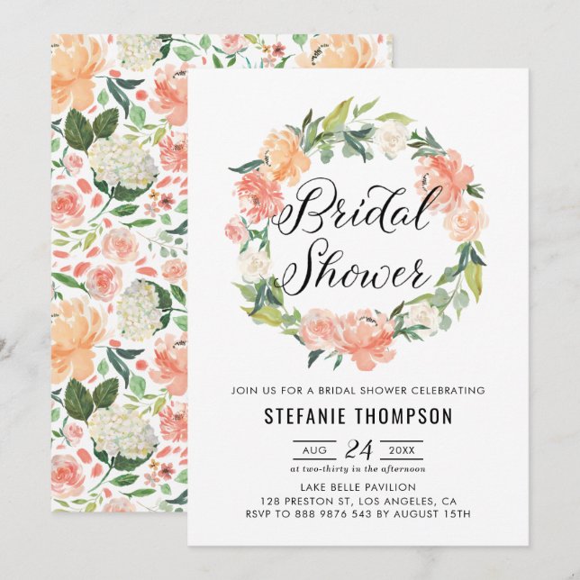 Pastel Peach Peonies Floral Wreath Bridal Shower Invitation (Front/Back)