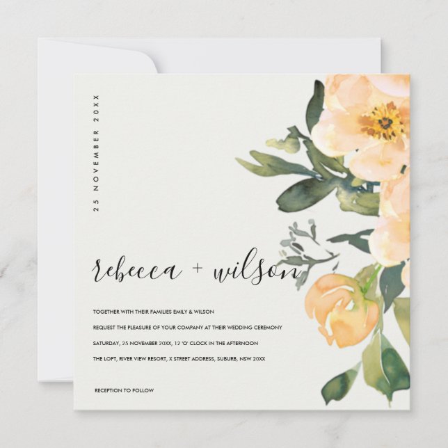PASTEL PEACH PEONY FLORAL WATERCOLOR WEDDING INVITATION (Front)