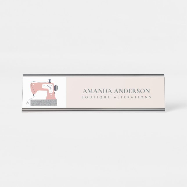 PASTEL PEACH PINK BLUSH GREY SEWING MACHINE TAILOR DESK NAME PLATE (Front)