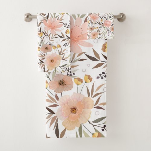 Pastel Peach Pink Olive Brown  Floral Pattern Bath Towel Set