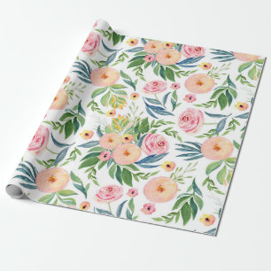Pastel peach & pink peonies lush spring flowers wrapping paper