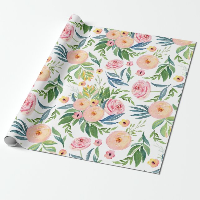 Pastel peach & pink peonies lush spring flowers wrapping paper (Unrolled)