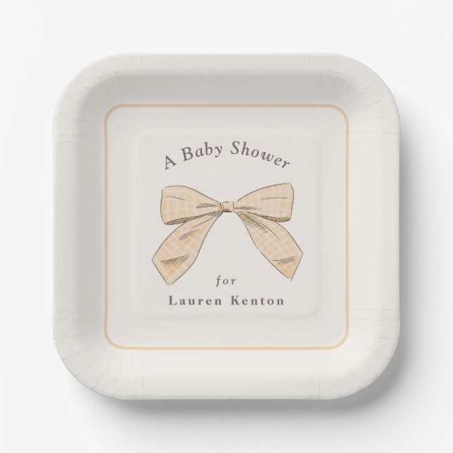 Pastel Peach Plaid Bow Elegant Neutral Baby Shower Paper Plates (Front)
