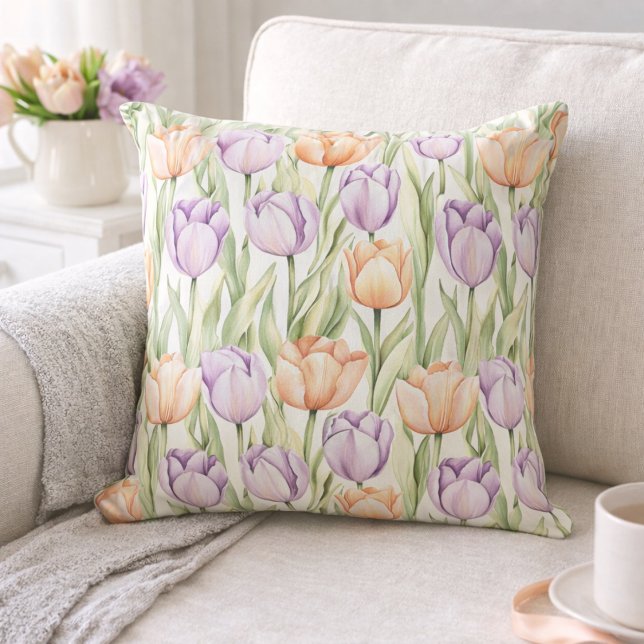 Pastel Peach Purple Tulips Easter Spring Floral Throw Pillow (Creator Uploaded)