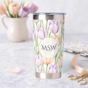 Pastel Peach Purple Tulips Spring Floral Monogram Insulated Tumbler