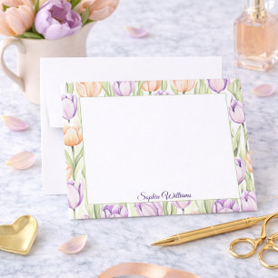 Pastel Peach Purple Tulips Spring Floral Name Note Card