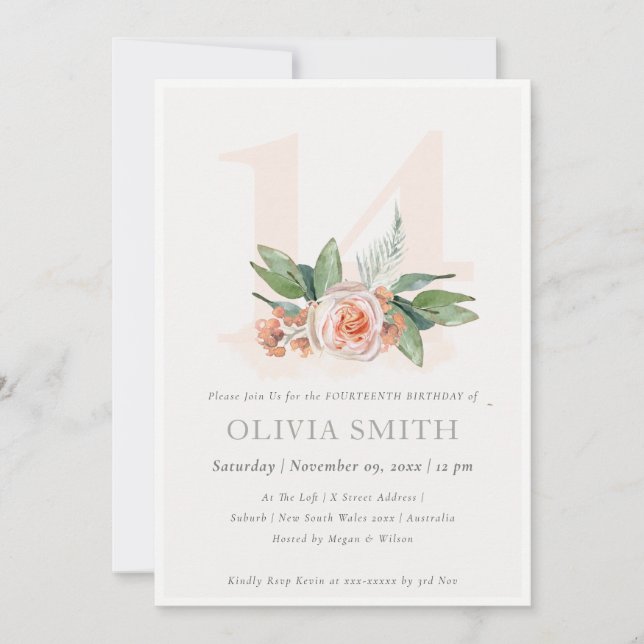 Pastel Peach Rose Floral Bunch 14 Birthday Invite (Front)