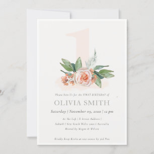 Pastel Peach Rose Floral Bunch 1st Birthday Invite